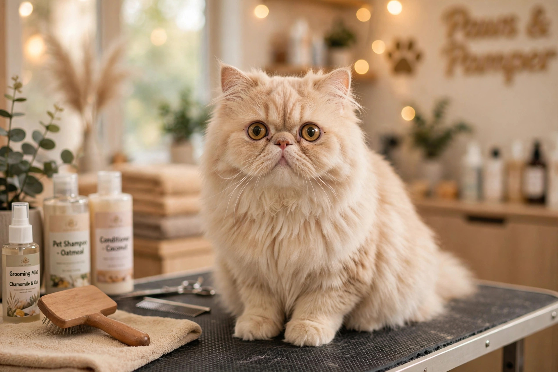 Fluffy freshly groomed cat sitting on a salon table