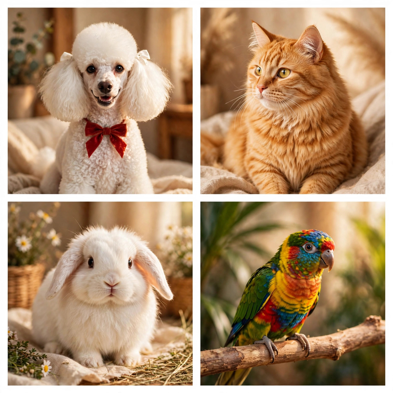 Collage of groomed pets: poodle, cat, rabbit, and parrot