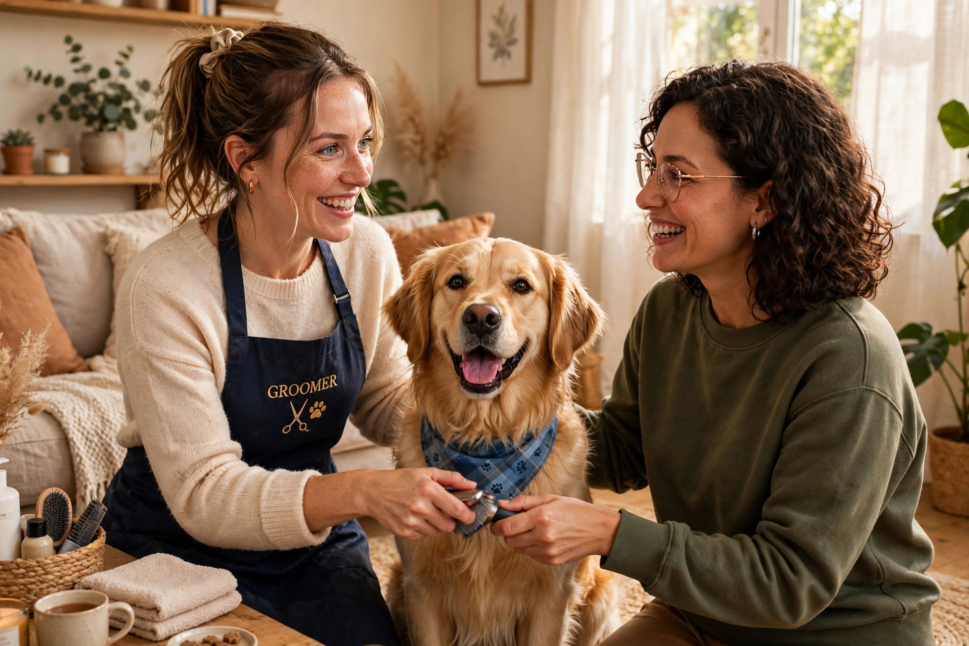 Groomer teaching a pet owner how to brush a happy dog at home